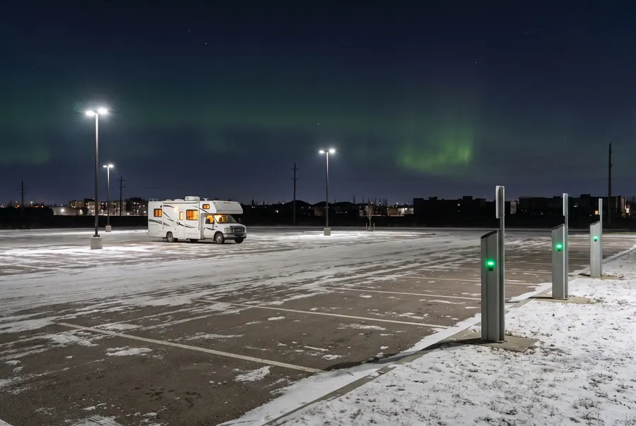 Generated illustration: a motorhome parked alone in a large snowy parking lot at night beside plain charging posts with green lights, under faint northern lights; not a photograph of the casino lot.